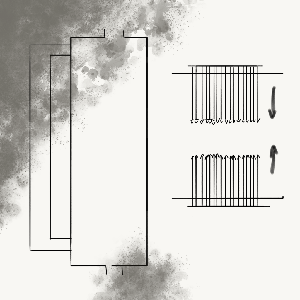 Schienenhafte Darstellung der Falle. Ansicht des Gangs mitsamt dem Geheimgang an der Seite, sowie Aufbau der Speere an Decke und Boden.