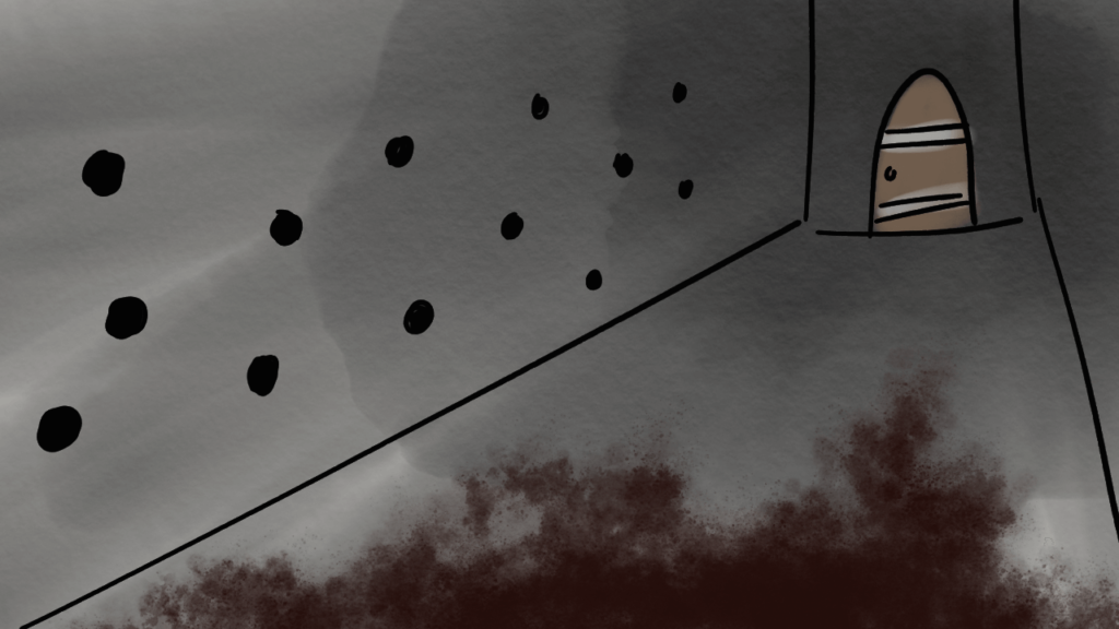 Grobe Zeichnung eines dunklen Gangs mit Löchern in der linken Wand