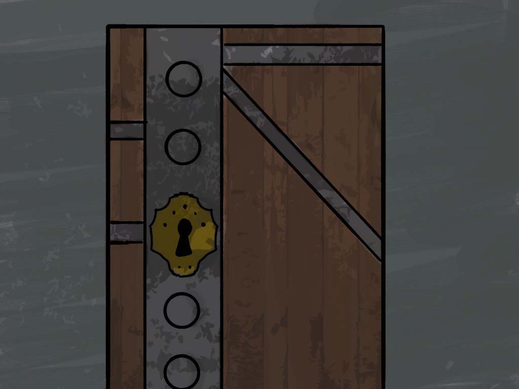 Darstellung einer schweren Holztür mit mehreren Metallbeschlägen. Auf der linken Seite befindet sich ein großer Metallbeschlag, der von oben nach unten verläuft und auf dem sich ein goldenes Türschloss befindet
